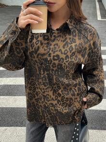 Livesso 女士宽松棕色豹纹牛仔衬衫，初秋长袖女装 - 咖啡棕 - 查看 5