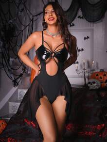 Fantasy Costume 1pc Women's Solid Color Patchwork PU Leather Hollow Design Camisole Bodysuit, Halloween