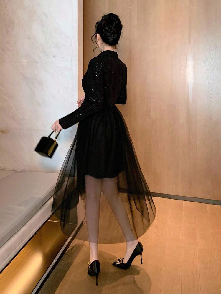 Elegant Party Dress With Mesh Patchwork Blazer Collar, Mid-Length Dress For Women, Autumn Dress