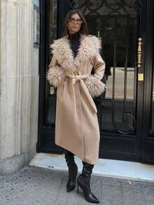 Aloruh Casaco de Lã Mista Feminino com Acabamento de Pele Sintética, Jaqueta Longa de Estilo Boêmio, Corta-Vento nas Cores Cáqui e Bordô para Outono/Inverno