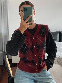 Livesso Chaleco de punto informal con botones metálicos y diseño de cuadros de colores para mujer, adecuado para otoño/invierno, oficina y uso diario - Rojo - Ver 3