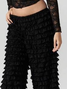 MISSGUIDED Wide Leg Tiered Ruffle Palazzo Pants With Lace Textured Fabric For Special Occasions And Evening Wear - Black - View 4