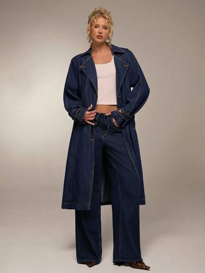 Avantive Retro Commuting Elegant Casual High Street Dark Blue Washed Long Long-Sleeved Denim Jacket Trench Coat Casual Fall Clothes For Women