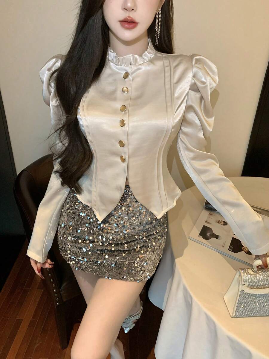 DAZY Blusa de mujer con cuello alto, volantes y mangas abullonadas de unicolor, ropa de mujer de otoño con manga larga - Albaricoque - Ver 1