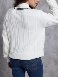 Jouncy Suéter casual de mujer con cuello de contraste de color, otoño/invierno - Beis - Ver 2