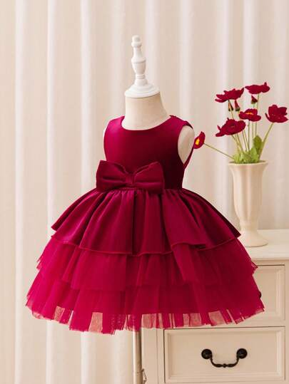 Glamorique Kids 圣诞女婴连衣裙、派对装、圣诞老人连衣裙、新年连衣裙、圣诞女婴舞会礼服、女婴公主天鹅绒连衣裙、红色三层薄纱蛋糕裙、大蝴蝶结装饰裙、舞台表演优雅礼服