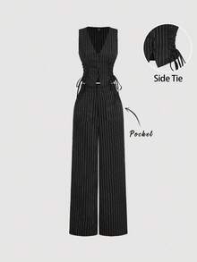SHEIN MOD V-Neck Sleeveless Side Tie Waist Straight Pants Black Striped Suit Set,Early Autumn Outfit Back To School Preppy Tops 2pcs Set Khaki Pants Old Money Style,Business Casual Women,Office Wear Women Set.Striped Black Set,Professional Clothes - Black - View 1