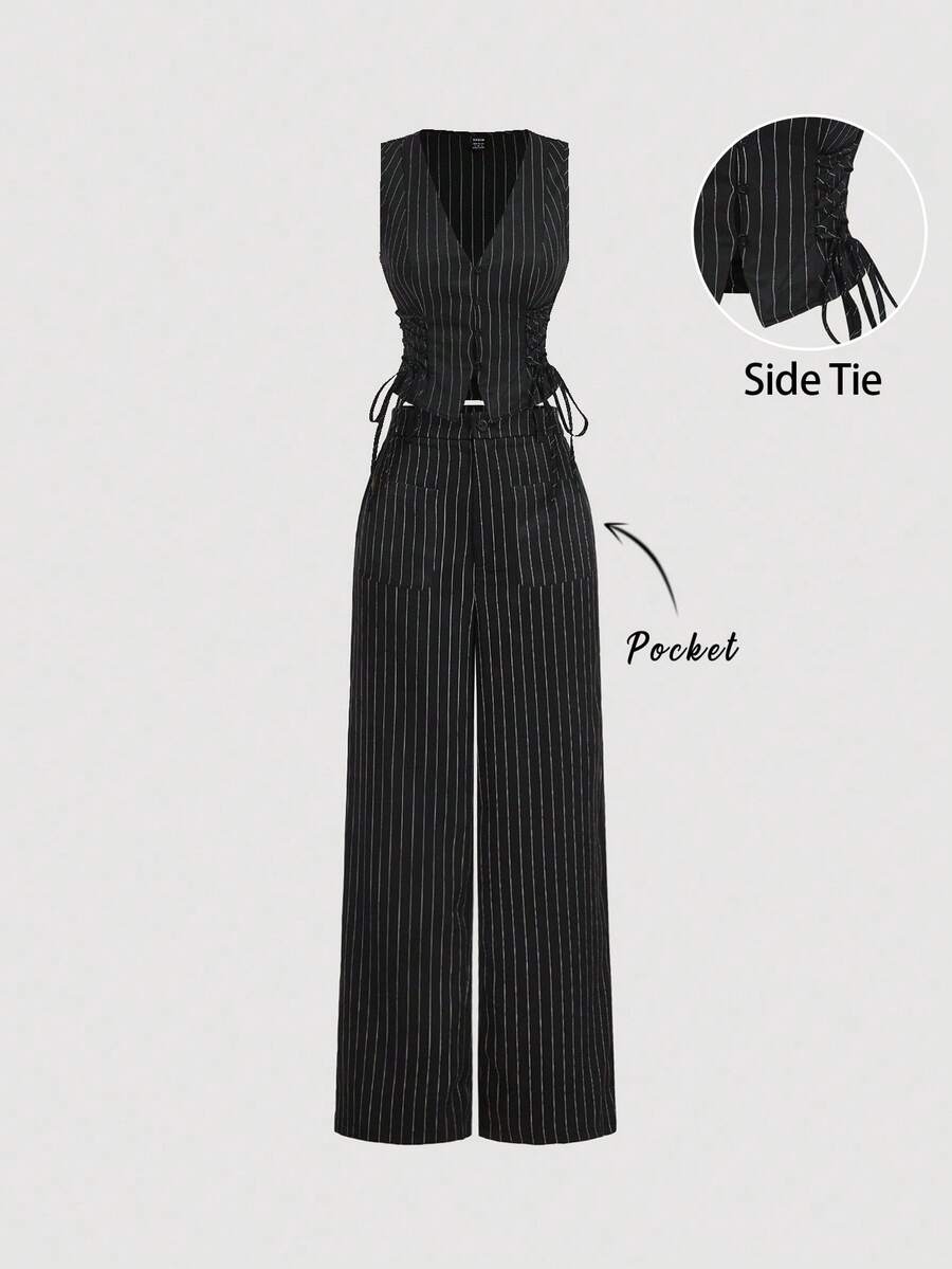 SHEIN MOD V-Neck Sleeveless Side Tie Waist Straight Pants Black Striped Suit Set,Early Autumn Outfit Back To School Preppy Tops 2pcs Set Khaki Pants Old Money Style,Business Casual Women,Office Wear Women Set.Striped Black Set,Professional Clothes - Black - View 1