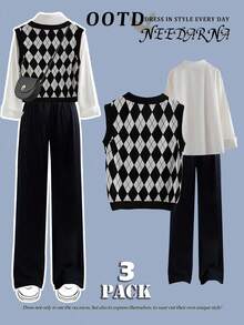 SHEIN MOOSTA Plus Size Ribbed V-Neck Tank Top, Long Sleeve Shirt, And Lounge Pants 3 Pieces Set Fall Cloth For Women