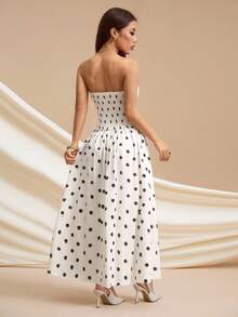 SHEIN PETITE 优雅公主风白色波点长裙，露肩休闲派对连衣裙，升级版适合娇小女性 - 白色 - 查看 2