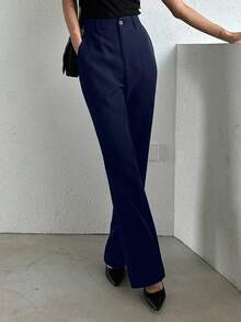 DAZY Business Casual Solid Color Straight Leg Pants Low Rise - Navy Blue - View 3