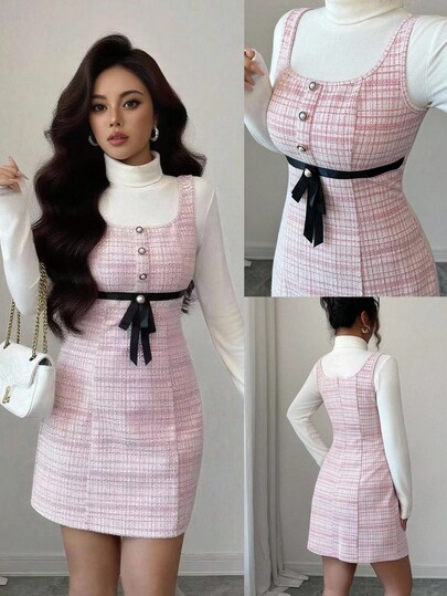 Elenzga Elegant French Tweed Bowknot Sleeveless Mini Dress, Fitted Waist, Pearl Button, Versatile For Commute, Romantic, Autumn/Winter