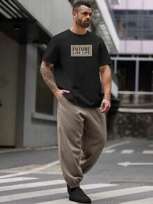 EASEVO 2件套大码男士休闲短袖T恤和抽绳裤套装夏季服装 - 黑色 - 查看 4