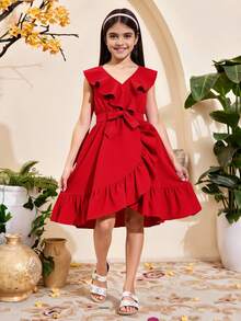 SHEIN 女孩荷葉邊圍裹式連衣裙 - 紅色 - 查看 4