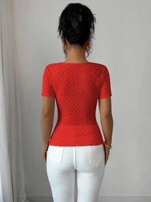Elenzga 女士优雅不对称领口3D玫瑰金纽扣装饰短袖T恤 - 紅色 - 查看 2