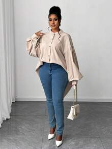 Maweii Áo sơ mi tay bồng cổ đứng dáng rộng cỡ lớn, thích hợp mặc đi làm, mùa thu/đông - Màu Khaki - Xem 4