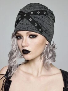 ROMWE Grunge Punk Gray Letter Random Print Headband Hairpin Eyelet Criss-Cross Beanie Hat, Personalized Fashion Versatile Unisex Beanies Suitable For Vacation, Party, Social, Shopping - Grey - View 2
