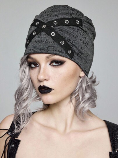 Grunge Punk Gray Letter Random Print Headband Hairpin Eyelet Criss-Cross Beanie Hat, Personalized Fashion Versatile Unisex Beanies Suitable For Vacation, Party, Social, Shopping