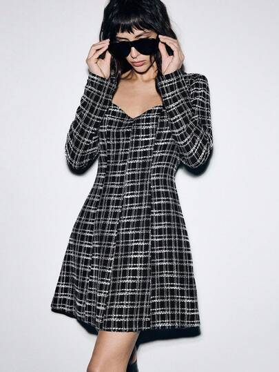 Lumivelle Women's Plaid Sweetheart Neck Waist Cinched A-Line Elegant Vintage Romantic Long Sleeve Dress