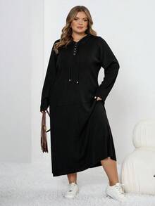 SHEIN CURVE+ Black Hooded Long Sleeve Button Collar Fitted Sweatshirt Dress, Casual All-Match Pocketed Sweatshirt Dress For Autumn/Winter - Black - View 7