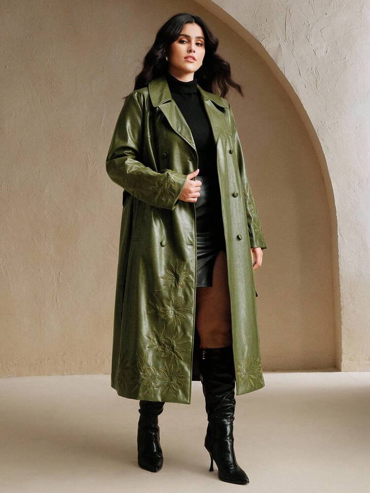 Plus Size Women's Embroidered Double-Breasted Belted Long Casual Faux Leather Windbreaker Jacket, Suitable For Autumn, Winter, Going Out, Elegant, Formal, Party, Chic, New Year, Christmas, Work, Graduation, Wedding