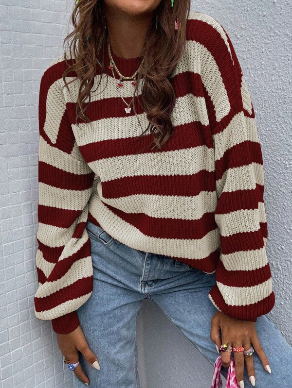 EMERY ROSE Casual Loose Striped Crew Neck Long Sleeve Women Pullover Sweater Fall Sweater Red And White Striped Sweater Winter Sweater Striped Sweater Women Striped Sweater