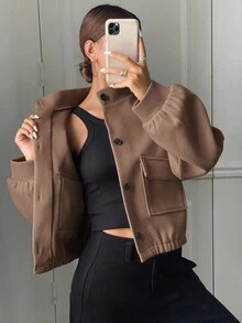 Livesso 女式纯色立领口袋短款夹克，秋季服装 - 咖啡棕 - 查看 3