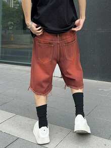 PAVTROS 男式口袋磨边宽松休闲牛仔百慕大短裤