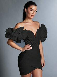 SHEIN BAE Của phụ nữ Màu thuần Off Shoulder Lưới Viền Ruffle Váy quấn - màu đen - Xem 5