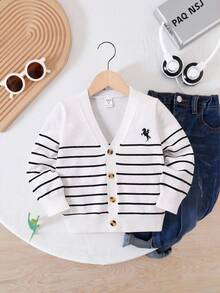SHEIN Toddler Boys' V-Neck Striped Cardigan, Black & White, Embroidered, Soft Polar Fleece Fabric, Suitable For Casual Wear, Autumn/Winter & Spring Fall - Black and White - View 9