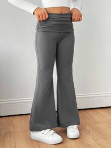 SHEIN Tween Girls' Basic Casual Knit High Waist Ruched Slim Flare Pants, Back To School - Grey - View 4