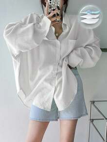 DAZY Women Solid Color Regular Turn-Down Collar Ultra-Loose Shirt,Long Sleeve Tops,Fall Clothes - White - View 1