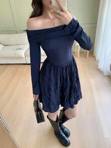 Feyla Women's Elegant Off Shoulder Patchwork Waist Cinched Long Sleeve Mini Dress, Suitable For Commuting - Navy Blue - View 2