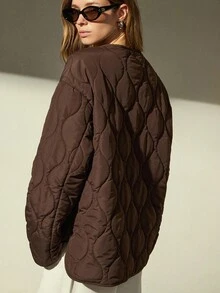 Aveloria Modichic Loose Versatile Zipper Pocket Decor Round Neck Padded Coat - Coffee Brown - View 6