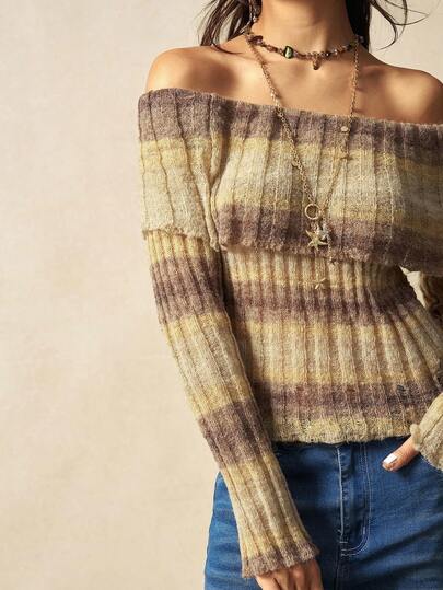 Bohemela 波西米亚风秋冬外套，女士休闲复古黄色渐变露肩单肩长袖修身针织衫，西部乡村风格，适合度假、日常穿着、返校季和万圣节等场合。