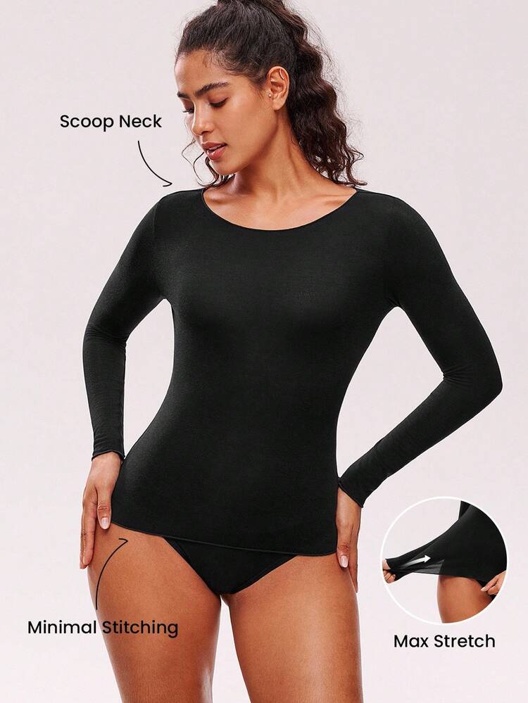 Haut de base à manches longues Dream Curve 2ndSkin pour femmes, col ras-du-cou, noir, ultra doux. Couche de base extensible offrant un équilibre thermique. Peut être porté comme vêtement d'extérieur