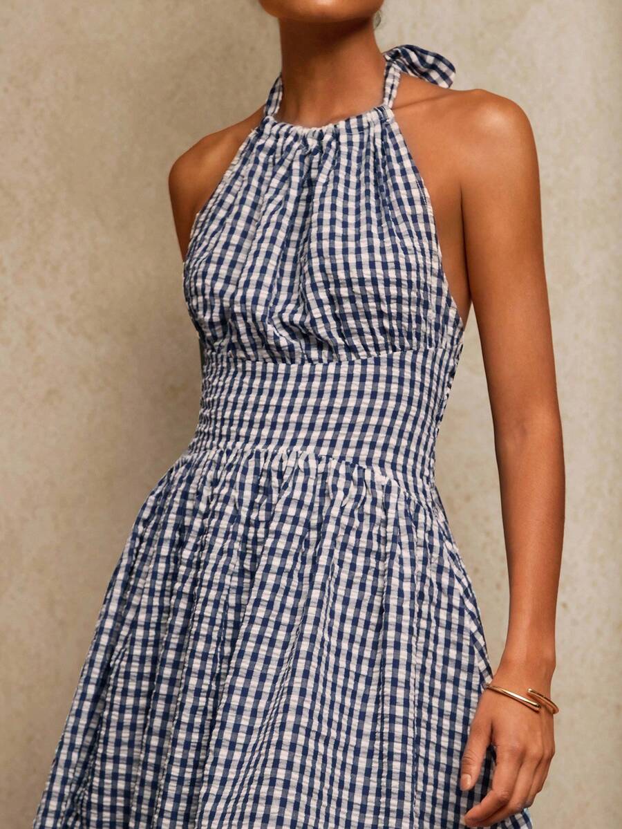Travachic 女士度假梭织格子中长连衣裙 - 藍白色 - 查看 1