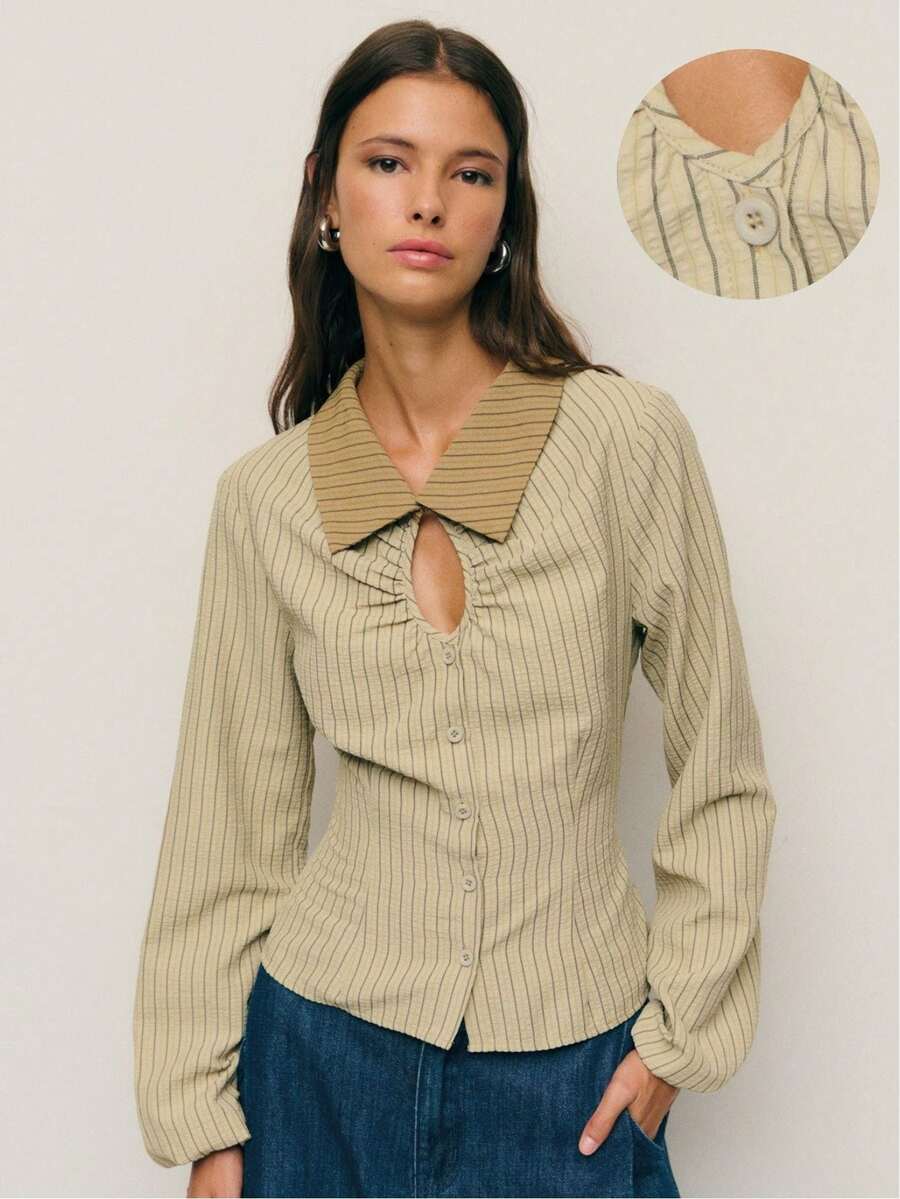 Nöista Áo sơ mi cài nút màu xanh ô liu, họa tiết sọc tinh tế, khoét lỗ khóa và cổ áo tương phản. Một biến tấu mới lạ cho kiểu áo sơ mi cổ điển - Phù hợp với trang phục công sở nổi bật, nâng tầm phong cách mùa thu và những dịp đi chơi sang trọng. - màu nâu - Xem 1