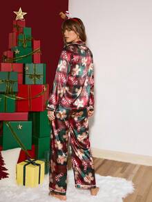 Chillnights 年轻格子缎面女士睡衣套装，圣诞节睡衣套装，圣诞睡衣，女士节日睡衣，缎面睡衣套装，姜饼人睡衣，秋冬服装 - 彩色 - 查看 2