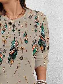 EMERY ROSE Vintage Gold Feather Print Casual Minimalist Plus Size Sweatshirt, Suitable For Parties, Fall/Winter - Multicolor - View 5