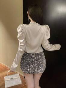 DAZY Blusa de mujer con cuello alto, volantes y mangas abullonadas de unicolor, ropa de mujer de otoño con manga larga - Albaricoque - Ver 2