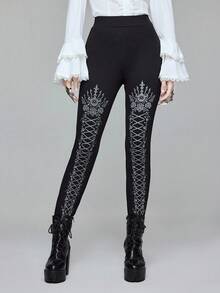 ROMWE Quần legging bó in họa tiết phong cách Gothic tối màu, thích hợp cho lễ Halloween - màu đen - Xem 5