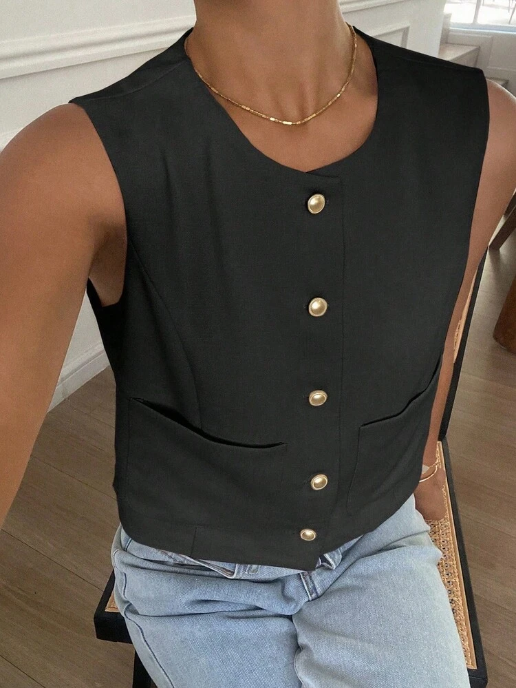 Solid Color Crew Neck Sleeveless Fitted Women Jacket,Fall Clothes