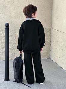 DAZY 男童休闲条纹领宽松抓绒卫衣套装，秋季 - 黑色 - 查看 6