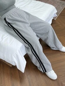 Dazy Petite Plus Contrast Color Patchwork Loose Sweatpants, Gray, All Season Fall - Grey - View 6