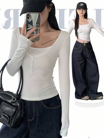 DAZY 女式纯色纽扣前长袖修身休闲 T 恤，秋季，返校服装学院风上衣，秋季女装