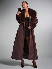 SHEIN BAE Women's Autumn Burgundy PU Leather Patchwork Faux Fur Collar Luxury European & American Style Long Elegant Cinched Waist Coat For Women, Autumn/Winter, Long Burgundy Coat,Winter Clothes For Women - Coffee Brown - View 1