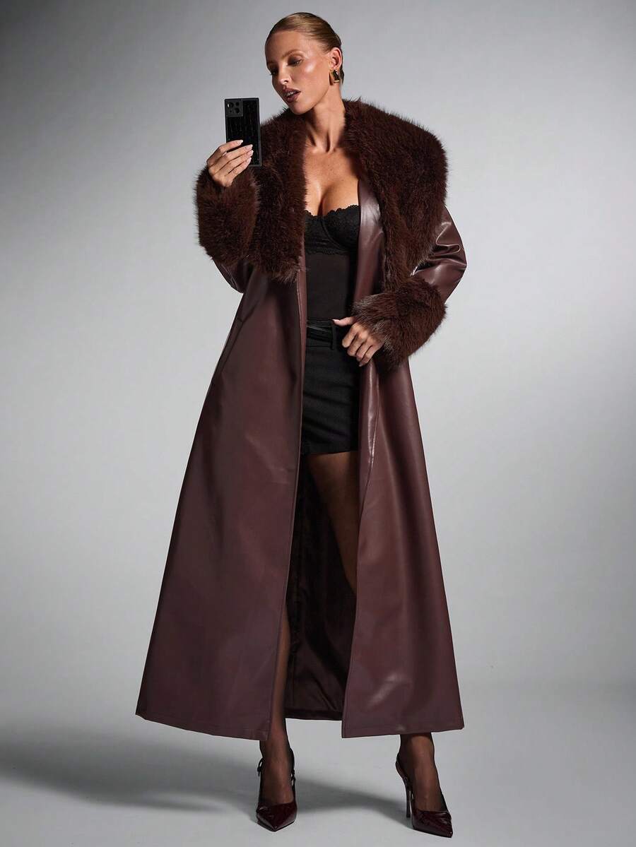 SHEIN BAE Women's Autumn Burgundy PU Leather Patchwork Faux Fur Collar Luxury European & American Style Long Elegant Cinched Waist Coat For Women, Autumn/Winter, Long Burgundy Coat,Winter Clothes For Women - Coffee Brown - View 1