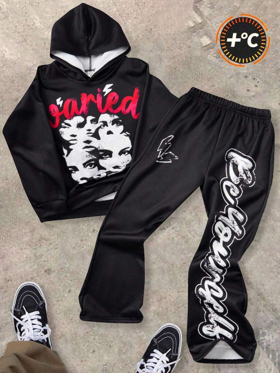 SHEIN 2 件儿童/青少年男童休闲日常百搭舒适街头风格图案印花连帽运动衫和宽松运动裤套装 - 黑色 - 查看 1