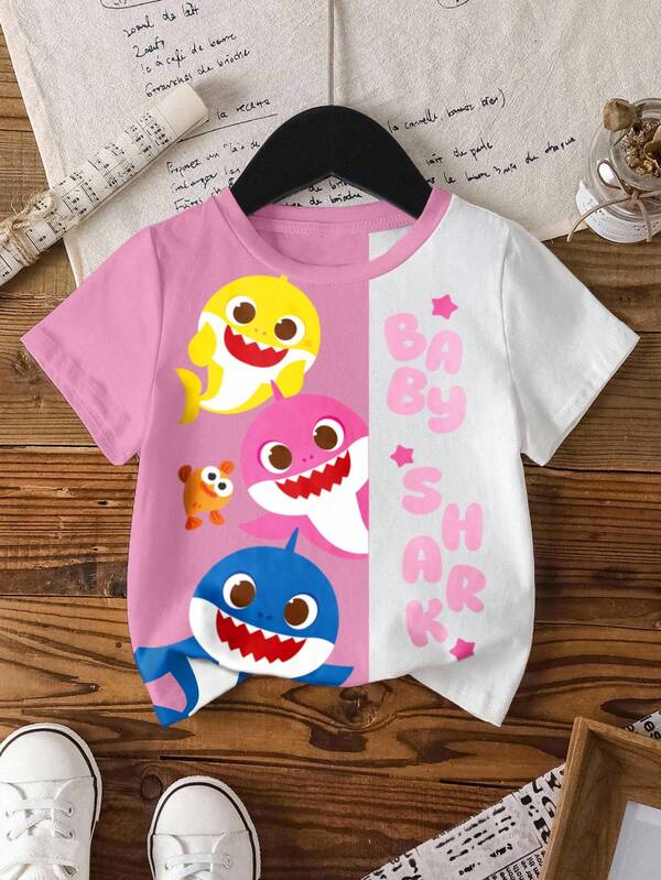BABY SHARK X SHEIN Young Girl Cute Cartoon Shark Print Short Sleeve T-Shirt, Summer